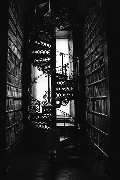 spiral staircase in a dark library